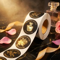 Rouleau d'étiquettes autocollantes pour parfum, personnalisées, en feuille d'or noir métallique, circulaires, luxueuses, élégantes, pour flacon de parfum, motif floral rose, ensemble de décalcomanies françaises