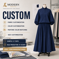 Ensemble deux pièces bleu marine modeste, chemise légère boutonnée et jupe longue, tenue décontractée et confortable, personnalisable OEM ODM