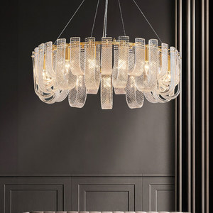Lustre rond minimaliste moderne, lumière LED, base d'ampoule E27, cadre doré, éclairage suspendu en cristal pour salon, chambre à coucher, salle à manger - Product Image 1