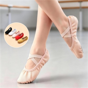 Chaussons de ballet souples pour enfants en toile à semelle fendue avec doublure en coton et semelle extérieure en PU, sangle croisée élastique pour l'entraînement de danse des filles - Product Image 6