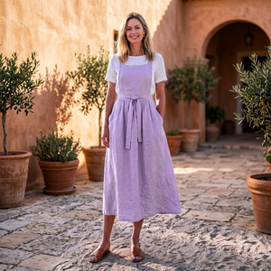 Vestido Delantal de Algodón Orgánico Teñido Liso Hecho a Mano Estilo Vintage con Lazo Cruzado en la Espalda, Cintura Ajustable, Manga Campana Midi y Bolsillos para Mujer, Tallas Grandes - Product Image 3