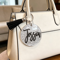 Porte-clés en plastique scintillant personnalisé avec nom, monogramme, cadeaux promotionnels de mariage, charme, décoration, porte-clés en acrylique personnalisé avec pompon