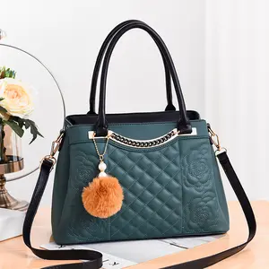 Wholesale OEM PU Leather Ladies Shoulder Bag Solid Color Women Handbag With Pompom