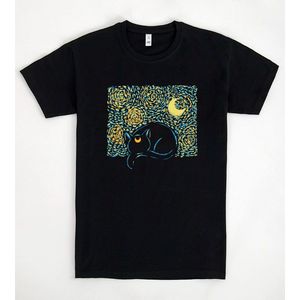 T-shirt Starry Sailor Cat noir à manches courtes, design artistique, vêtements unisexes - Product Image 1