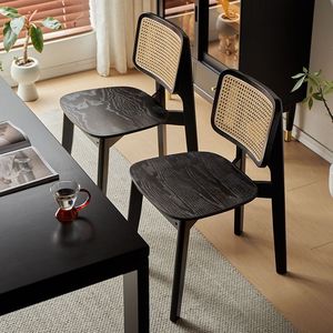 Vintage Rattan Dining Chair Solid Wood Backrest Black Wabi Sabi Style Designer Home Dining Room Chair - Product Image 2