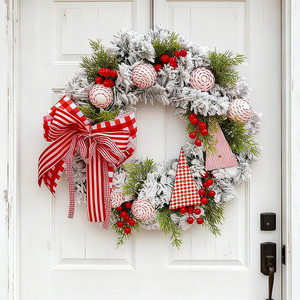 Guirlande de Noël YUELIAN en pin floqué rouge et blanc à carreaux avec nœud, pommes de Noël et baies pour la décoration de la porte d'entrée - Product Image 3