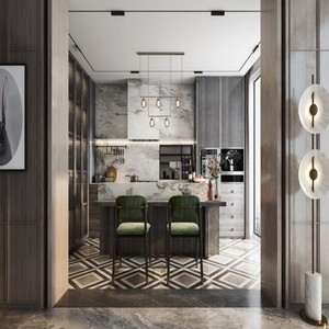 BAILOM <span class=keywords><strong>Cucina</strong></span> Modulare Moderna Personalizzabile di Alta Gamma, Ecologica, con Isola in <span class=keywords><strong>Marmo</strong></span> e Pannelli in <span class=keywords><strong>Legno</strong></span> Scanalato, Area Vino - Product Image 1