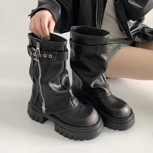 <span class=keywords><strong>Stivali</strong></span> Corti Neri alla Moda con Suola Spessa e Gambale Largo, Doppia Cerniera, Stile Western da Donna a Metà Polpaccio - Product Image 5