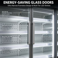 Réfrigérateur vertical à porte vitrée, refroidissement par ventilateur, dégivrage automatique, contrôle numérique, étagères réglables, boissons pour supermarchés