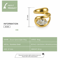 Bague ouverte en acier inoxydable avec zircone cubique en forme de poire, plaqué or 14 carats par placage sous vide, design sculptural enveloppant