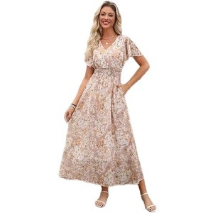 Robe d'été bohème pour femme, col halter, à lacets, col en V, manches mi-longues, fendue, coupe trapèze, taille haute, écologique, respirante, avec lien à nouer à la taille, idéale pour les vacances - Product Image 6