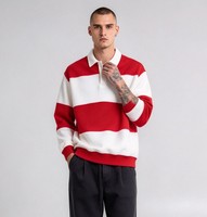 Sweat-shirt à col pour homme de haute qualité, style vintage, à larges rayures, rouge et blanc, à blocs de couleur, manches longues, coupe décontractée, style preppy, pull-over