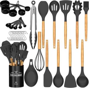 Juego de 19 Espátulas Antiadherentes, No Tóxicas, Ecológicas, de Uso Profesional, con Tarro, Mango de Madera Natural, Utensilios de Cocina de Silicona - Product Image 1