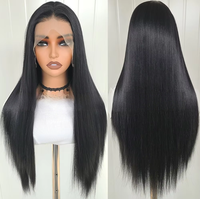 Perruque synthétique Lace Front 13*4 droite réglable, mi-longue, noire, en fibres mélangées haute température, avec devant noué à la main, aspect naturel