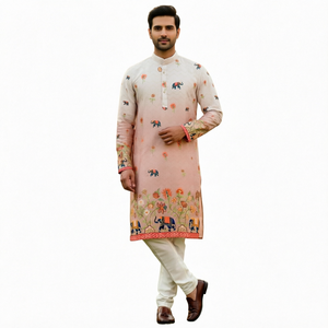 Ensemble Kurta en coton pour homme avec imprimé éléphant, pantalon blanc coupe droite longueur cheville, tenue traditionnelle indienne pour mariage - Product Image 1