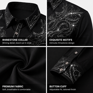 Camisas de Manga Larga con Pedrería para Hombre, Camisa de Vestir Occidental Personalizada, Diseño con Cristales Brillantes, Corte Ajustado, para Fiestas, Fabricante OEM - Product Image 3