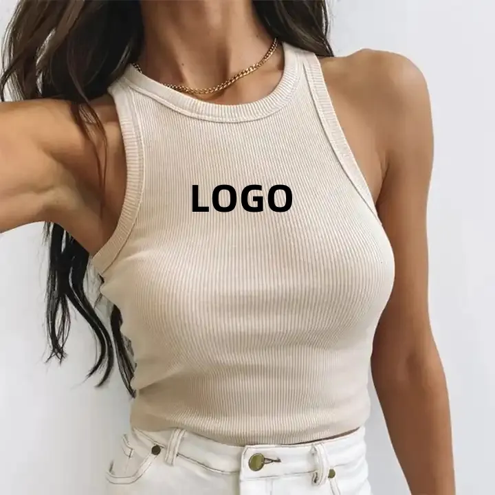 Custom Logo Summer Ladies Vest White Cotton Ribbed Women's Crop Tank Top Womens Crop Tank Tops Sleeveless Racerback Crop Top