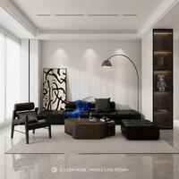 GoldenHome Minimalistische Hochwertige Maßgefertigte Esszimmerbar |   Inseltheke |   LED-Weinpräsentationsregal |   Marmor-Küchenrückwand |   Schwarze Hocker |
