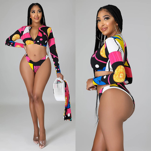Bikini deux <span class=keywords><strong>pièces</strong></span> pour femmes d'été avec <span class=keywords><strong>foulard</strong></span>, manches longues, imprimé, fermeture éclair, <span class=keywords><strong>maillot</strong></span> <span class=keywords><strong>de</strong></span> <span class=keywords><strong>bain</strong></span> sexy pour femmes - Product Image 3