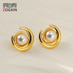 Zogxin Pearl <b>Stud</b> Earrings Gold Half Moon Shape 18K <b>Titanium</b> Steel Bezel Setting Everyday Wear - Product Image 1