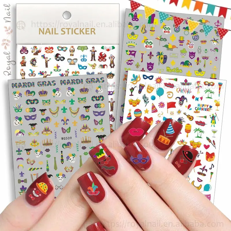 Mardi Gras Nail Art stiker Decals 3D kuku perekat diri karnaval perlengkapan kuku