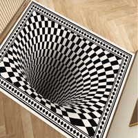 Tapis d'illusion optique 3D Vortex tapis rond Clown paillasson pour chambre à coucher, tapis rond à carreaux noir et blanc optique visuelle