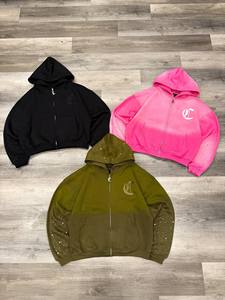 Sweat à capuche zippé pour homme, coupe ample et oversize, en molleton 100% coton, avec logo personnalisé imprimé, strass et effet délavé vintage - Product Image 1