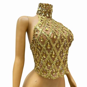 Traje de Danza con Temática de Canción Femenina para DJ, Estilo Gogo, Armadura Dorada, Ángulo Plano, Elástico, Corto, para Escenario, Talla Única, para Ballet - Product Image 4