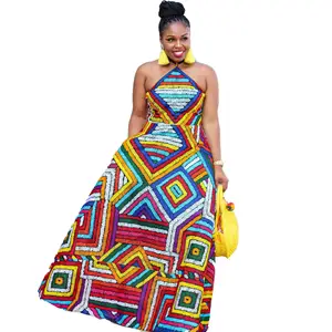 New Fashion Color Block National Print Lady Party Dress Vintage Casual African Long Dress Women Halter Backless Dress