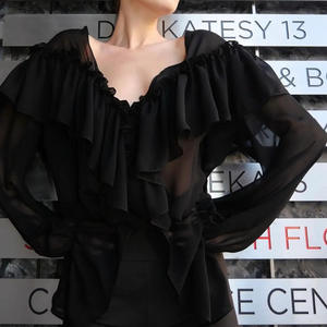 Camisa de Gasa para Oficina con Volantes, Mangas Raglán, Corte Regular, Cuello en V, Ropa de Uso Diario para Mujer - Product Image 4