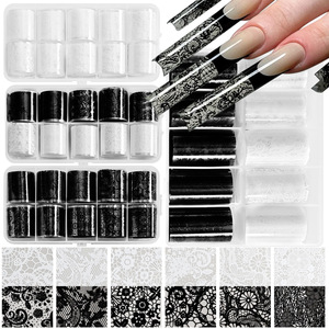 10 Rotoli di Carta Transfer <span class=keywords><strong>per</strong></span> Nail Art con Pizzo Francese 3D Bianco e Nero, 2,550 cm, Adesivi Trasferibili Cavi Effetto Cielo Stellato, Decorazioni <span class=keywords><strong>per</strong></span> Manicure - Product Image 1