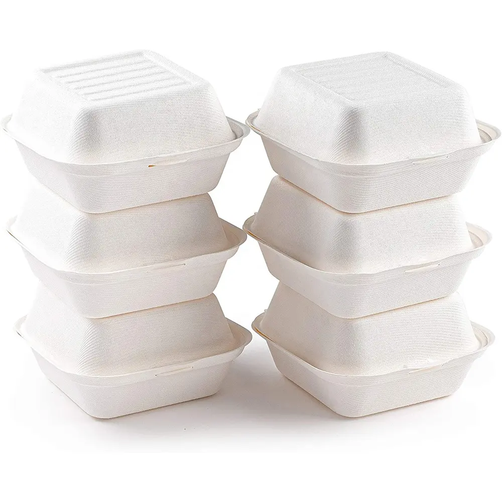 6 Inch bpas free compostable clamshell take out food containers 100% biodegradable sugarcane bagasse hamburger box