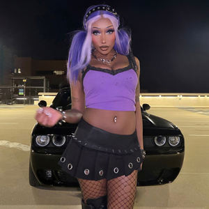 Gothic Punk Dropped <b>Black</b> <b>Pleated</b> A-Line <b>Mini</b> <b>Skirt</b> with Built-in Shorts and Metal Eyelet Rivets Summer - Product Image 5