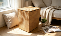 Panier à linge en rotin PE tissé à la main avec couvercle, panier de rangement carré en osier pour vêtements, boîte de rangement pour vêtements pour chambre à coucher et salle de bain