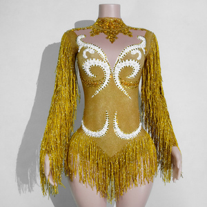 Body de Alta Calidad para Drag Queen, Diseño Sexy con Estampado de Toro, Perlas y Flecos de Diamantes de Imitación, Dorado, para Grupo Femenino, Ropa de Escenario, Personalizado - Product Image 1