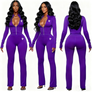 Ensemble survêtement <span class=keywords><strong>femme</strong></span> en molleton de coton de haute qualité, veste zippée ajustée et pantalon de survêtement, vêtements de sport, deux pièces - Product Image 1