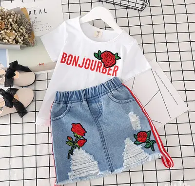 Kinderkleding Zomer Nieuwe Koreaanse Versie Van Meisjes Mode Borduren Rose Korte Mouw T-shirt Denim Rok Kleding Set Voor Meisje