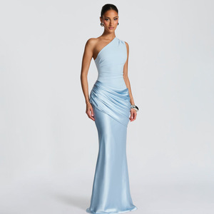 Vestido Largo Ajustado de Satén Asimétrico de Un Solo Hombro, Cintura Alta, Elegante para la Noche - Product Image 4