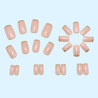 Uñas postizas de cobertura completa, color rosa nude, forma ataúd, finas, con lámina de oro metálica, estilo francés, lisas, hechas a mano.