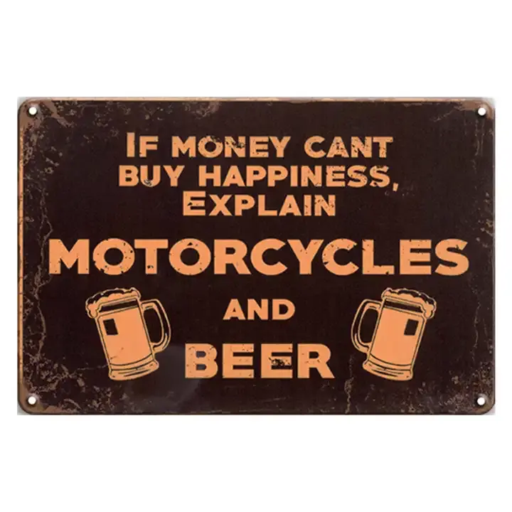 Felicità da motocicli e targa di birra con segni di latta in metallo di whisky Poster di arte da parete Vintage adesivo Pub Bar decorazione per la casa