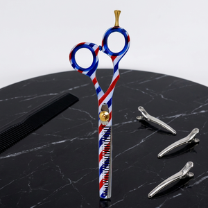 Ciseaux de coiffure professionnels personnalisés à rayures rouges, blanches et bleues, lame en acier inoxydable, pointe arrondie, dents personnalisées - Product Image 3