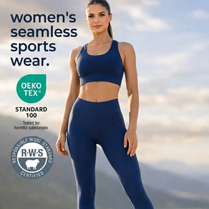 Conjunto de Yoga Personalizado de <span class=keywords><strong>Lana</strong></span> Merino sin Costuras para Mujer, Sujetador Deportivo Acanalado y Leggings de Cintura Alta para Gimnasio, Ropa Deportiva para Fitness, Chándal para Correr GCC - Product Image 1