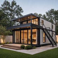 Maison en structure acier portable avec intérieur lumineux, fenêtres en verre et terrasse