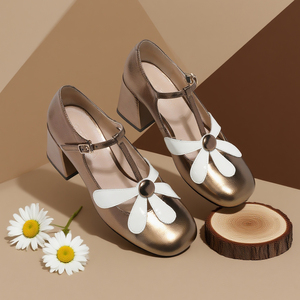 Sandali da donna Mary Jane neri con tacco largo e punta quadrata, decorati con fiori, alla moda, per matrimoni all'aperto, all'ingrosso - Product Image 2