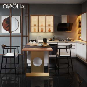 Juego de <span class=keywords><strong>Cocina</strong></span> OPPOLIA en Madera Maciza con Acabado UV Blanco y Marrón, Iluminación LED, Encimera de Cuarzo y Gabinetes de Madera Contrachapada - Product Image 2