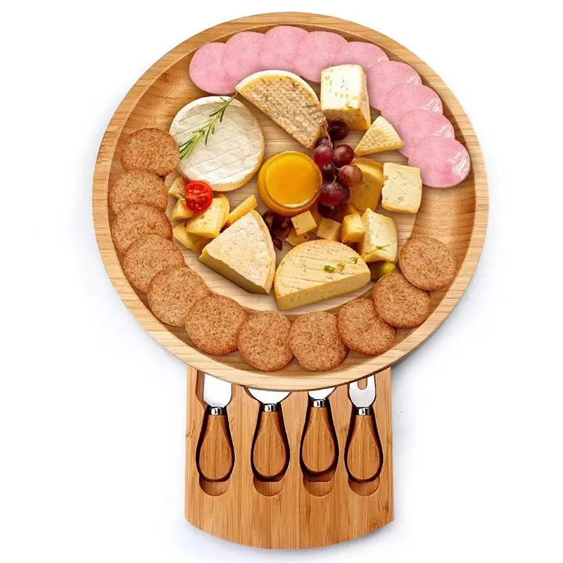 Bamboo Cheese Board with drawer and forks Knife Set for Cheese and Crackers - Sturdy Wooden cutting boards