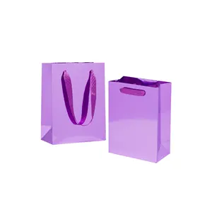 Customize Printed Luxury Gift Jewelry Packing Bags Shopping Shiny Purple Glossy Finish Surface Paper Gift Bags with Handles