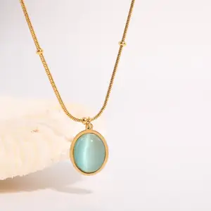 Kalung Liontin Oval Wanita, Kalung Rantai Ular Berlapis Emas 18K Batu Mata Kucing Alami