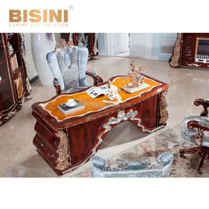 Muebles italianos elegantes de oficina para el hogar, escritorio ejecutivo dorado y tallado en madera de 24K con silla, escritorio de escritura de chapa de madera de lujo