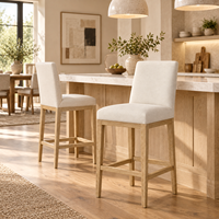 Tabouret de bar rembourré avec pieds en bois massif, assise et dossier en tissu tissé ivoire, chaise de bar sans accoudoirs pour îlot de cuisine